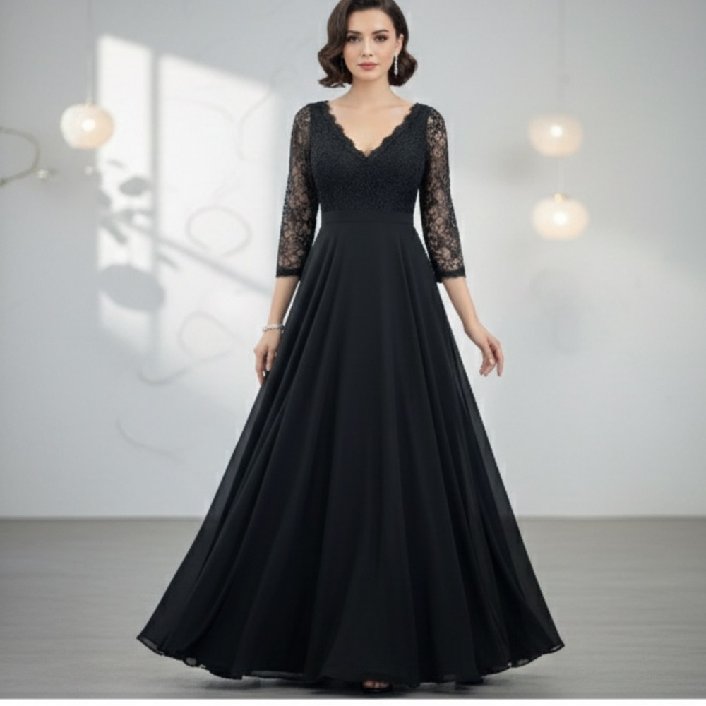 Azazie Women’s Formal Long Maxi Dress party event Size A2 Black Lace Princess